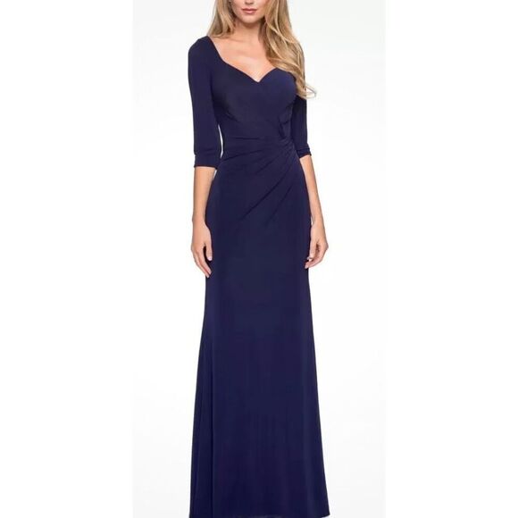 La Femme Ruched Jersey Column Gown in Navy Blue NWOT Size 8 - Picture 3 of 6